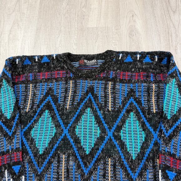 Vintage Scandia Sweater Men's Large Geometric Knit Crewneck 90s USA Biggie Cosby - Picture 3 of 7